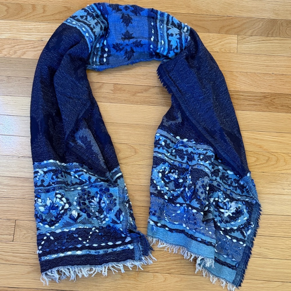 Boho Textured Fringe Scarf Blue Patchwork Knit Embroidered Oversized Wrap